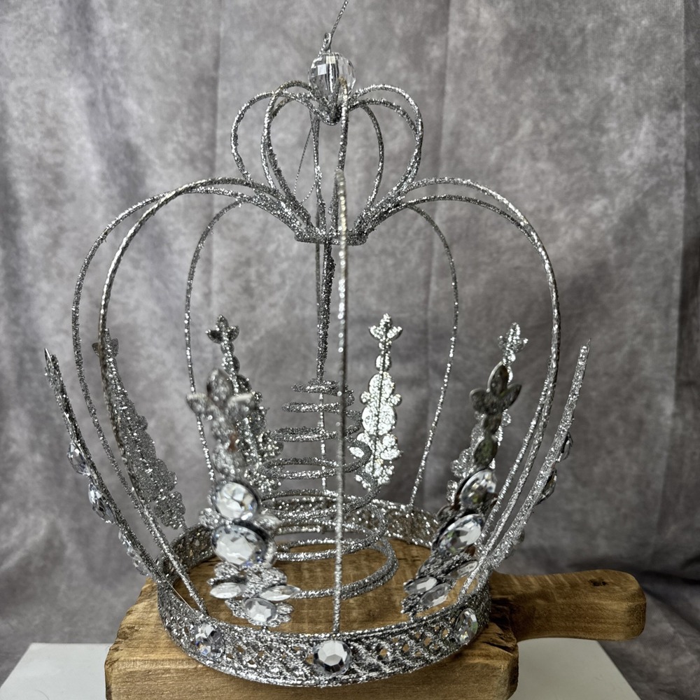 Silver Glitter Queen Jewels Crown Christmas Tree Topper 10" Victorian ShabbyChic